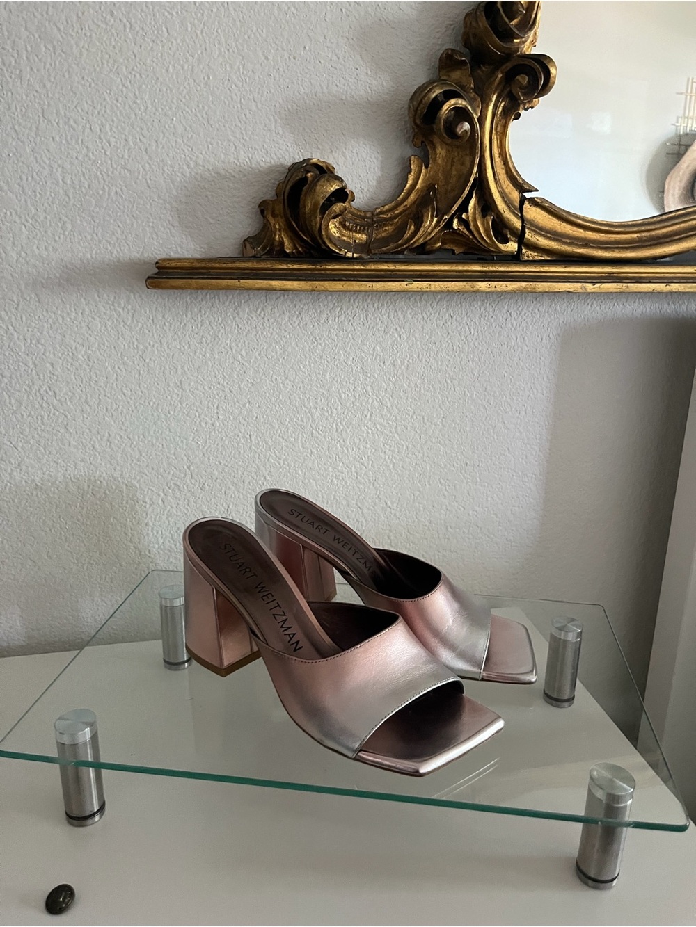 Stuart Weitzman Metallic Rose Open-Toe Block Heel Mules